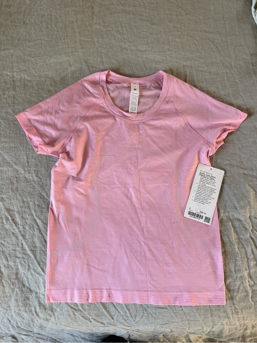 Brand New Lululemon Swiftly Shirt Spandex Stripe Light Ivory/Sweet Sorbet